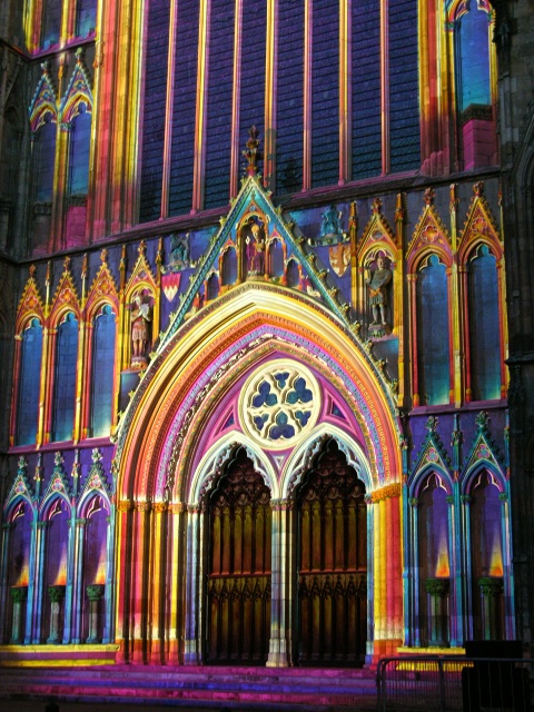 Multicoloured Lights shine on York Minster at Night as part of the illuminating York Festival